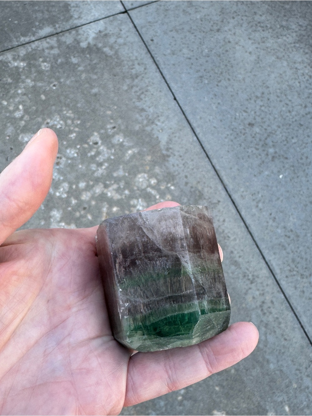 White, Purple & Green Fluorite. 1.87” across and 2.07”tall.  6 sided block